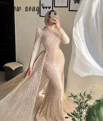 Abendkleider Light Champagne Evening Dress Dubai Muslim Long Sleeve Formal Prom Gowns Arabic Plus Size Wedding Party Dress Bead