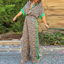 Spring Contrast Leopard Print Casual Set Women Single Breasted Lapel Shirt & Wide Leg Pant Outfit Summer Short-sleeved 2pcs Suit