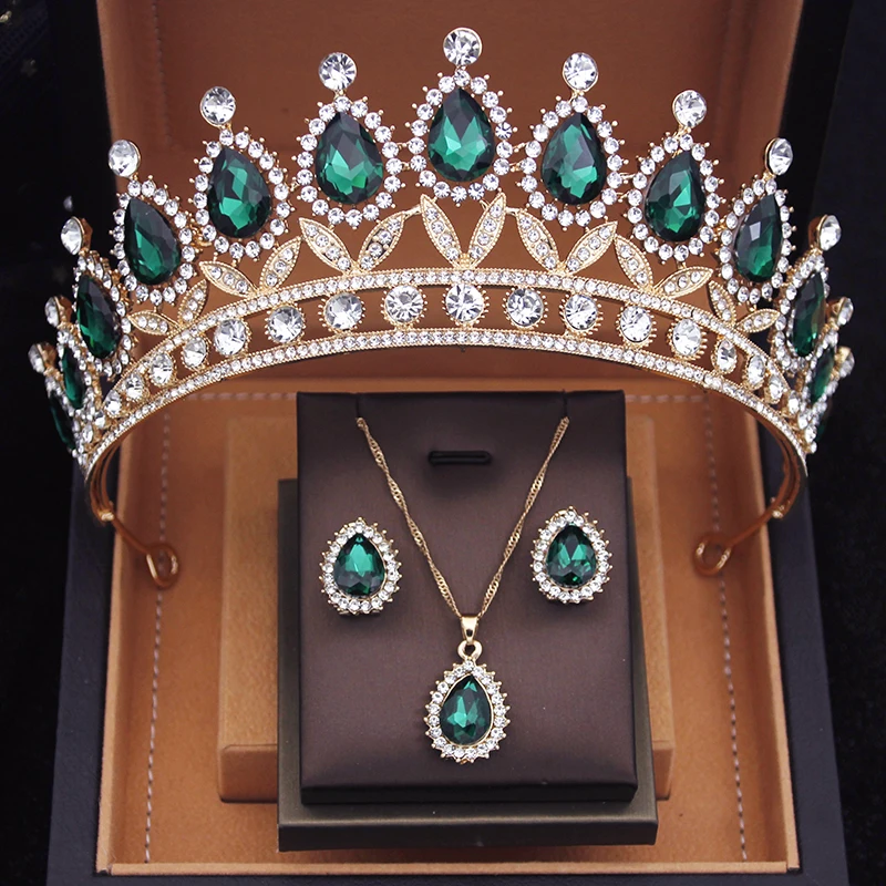 Prom Green Tiaras Bridal Jewelry Sets for Women Choker Necklace Earrings Set With Crown Wedding Bride Jewelry Set Accessories