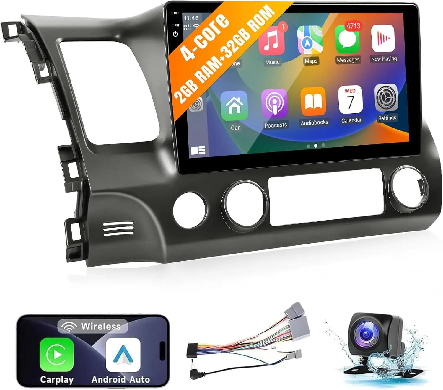 Car Stereo for Honda Civic 2006-2011, 10.1' IPS Touch Screen with Wireless CarPlay, Android Auto, Bluetooth, GPS, WiFi, Rear Cam