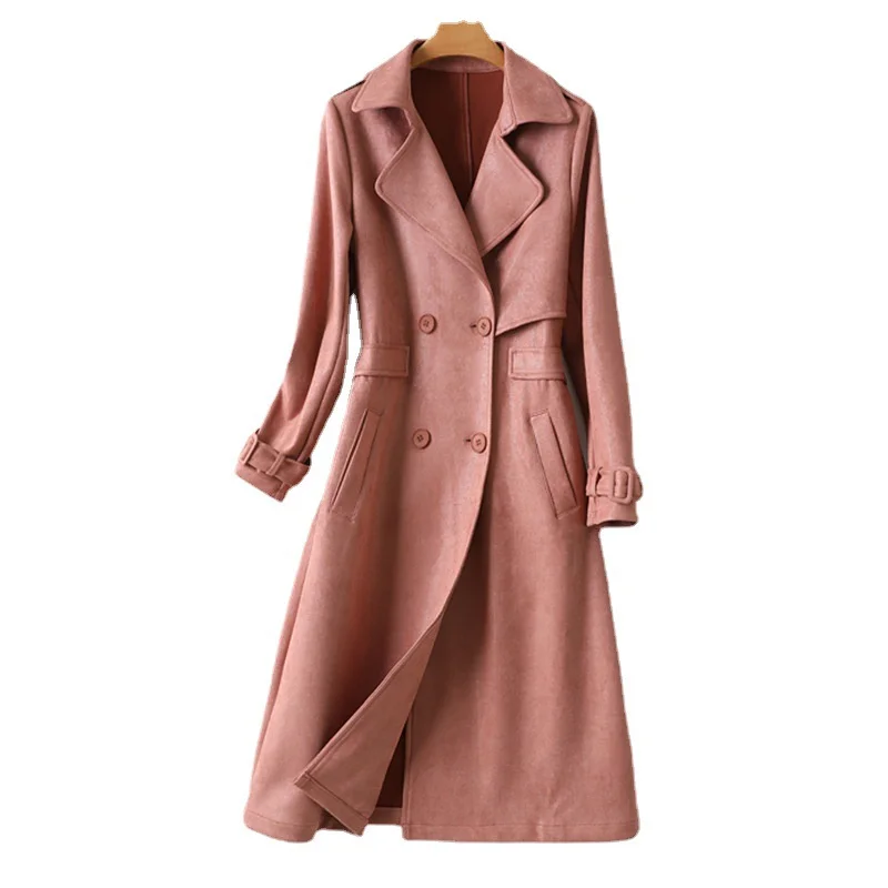 

2023 New Faux Chamois Suede Trench Coat Women Pink Windbreaker Long Outerwear Spring Autumn Slim Female Double-breasted Overcoat