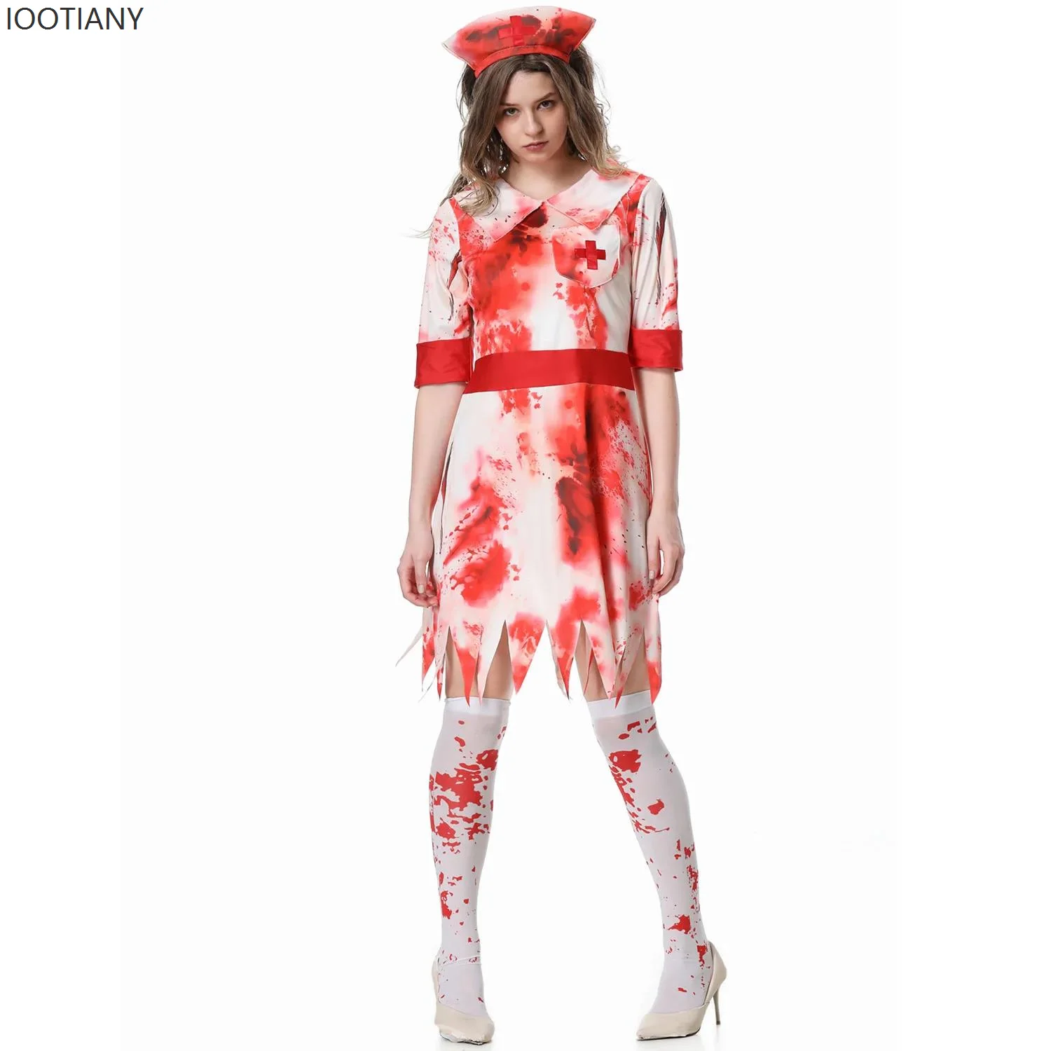 Women's Vampire Blood Nurse Cosplay Uniform Bloodstained Damaged White Dress Halloween Haunted House Party Zombie Costume 2025