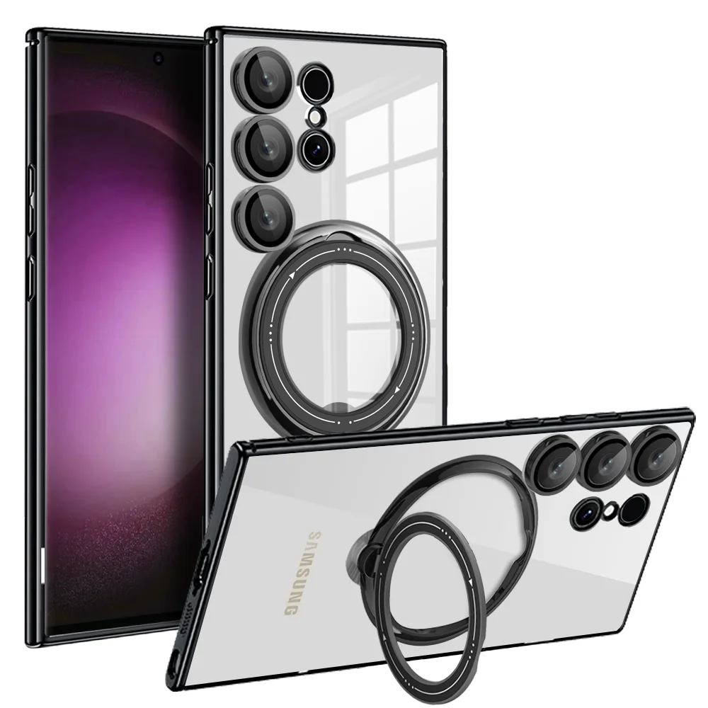 Plating Transparent Case For MagSafe Samsung Galaxy S24 Ultra S23 Plus S22 Ultra S23 FE Ring Stand Camera Protector Phone Cover