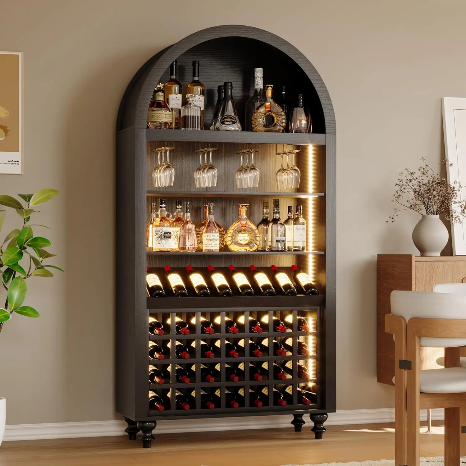 

71" Arched Wine Cabinet Racks Glass Holder LED Charging Ports Pantry Coffee Storage Home Dining, Customized