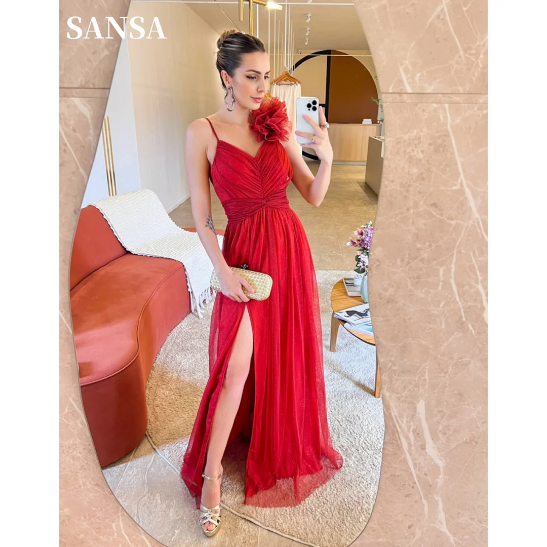 

Sansa Red One Shoulder فساتين السهرة Sext Side Split A-line Vestidos De Noche Flower On Shoulder Tulle Prom Dresses 2024