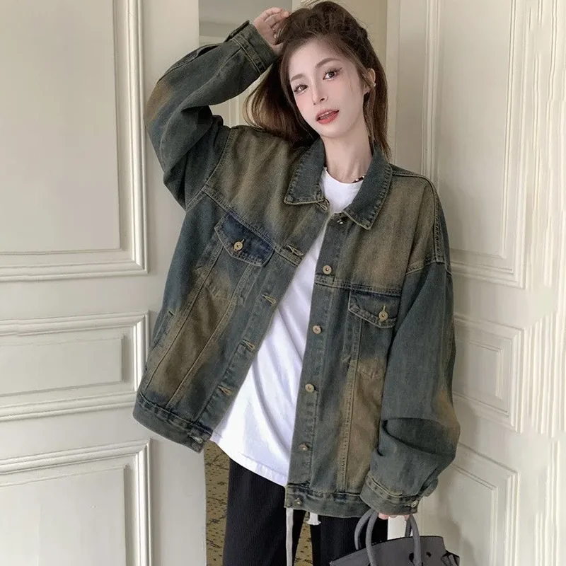 

Fried Street Denim Jacket Women's Outwear 2024 Spring Autumn New Fashion Loose Vintage Long Ins Joker Jeans Jackets asual Tops