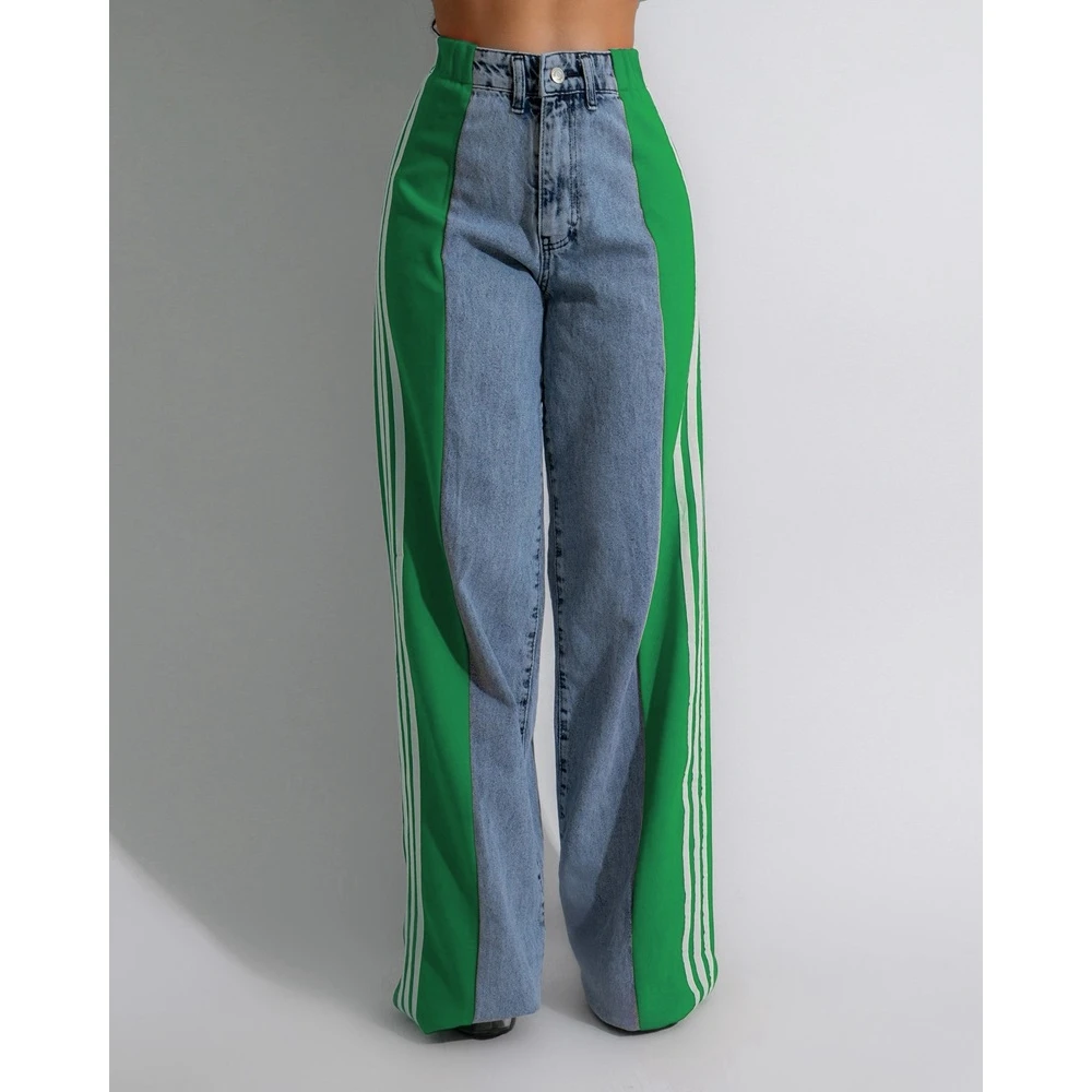 Women Side Striped Colorblock Wide Leg High Waist Jeans Female Casual Washed Denim Vintage Pants Summer Lady Long Trouses