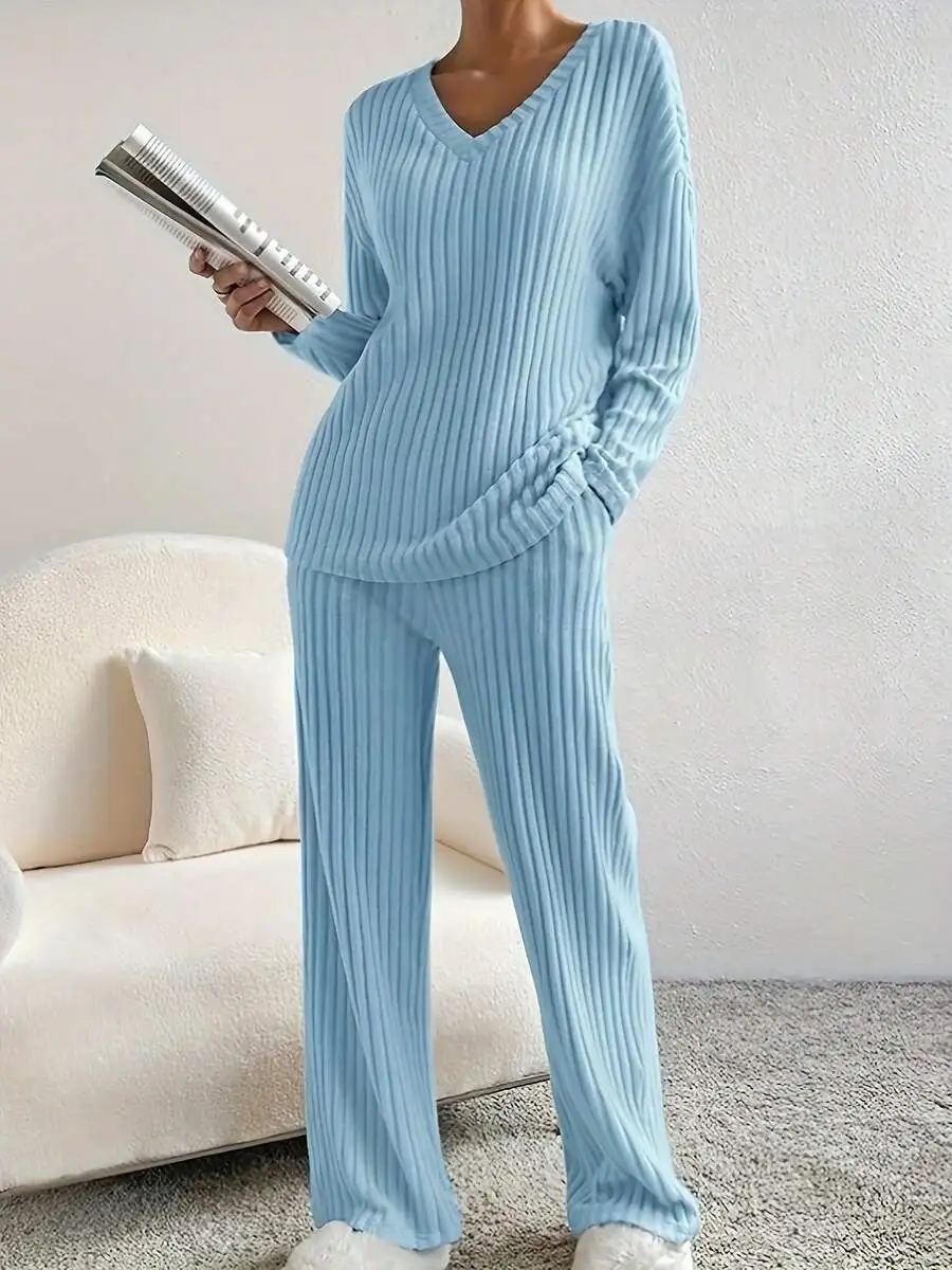 Light Blue Ribbed Knit Lounge Set For Women: V-Neck Long Sleeve Top With Side Pockets And Wide Leg Pants, Cozy Autumn Winter
