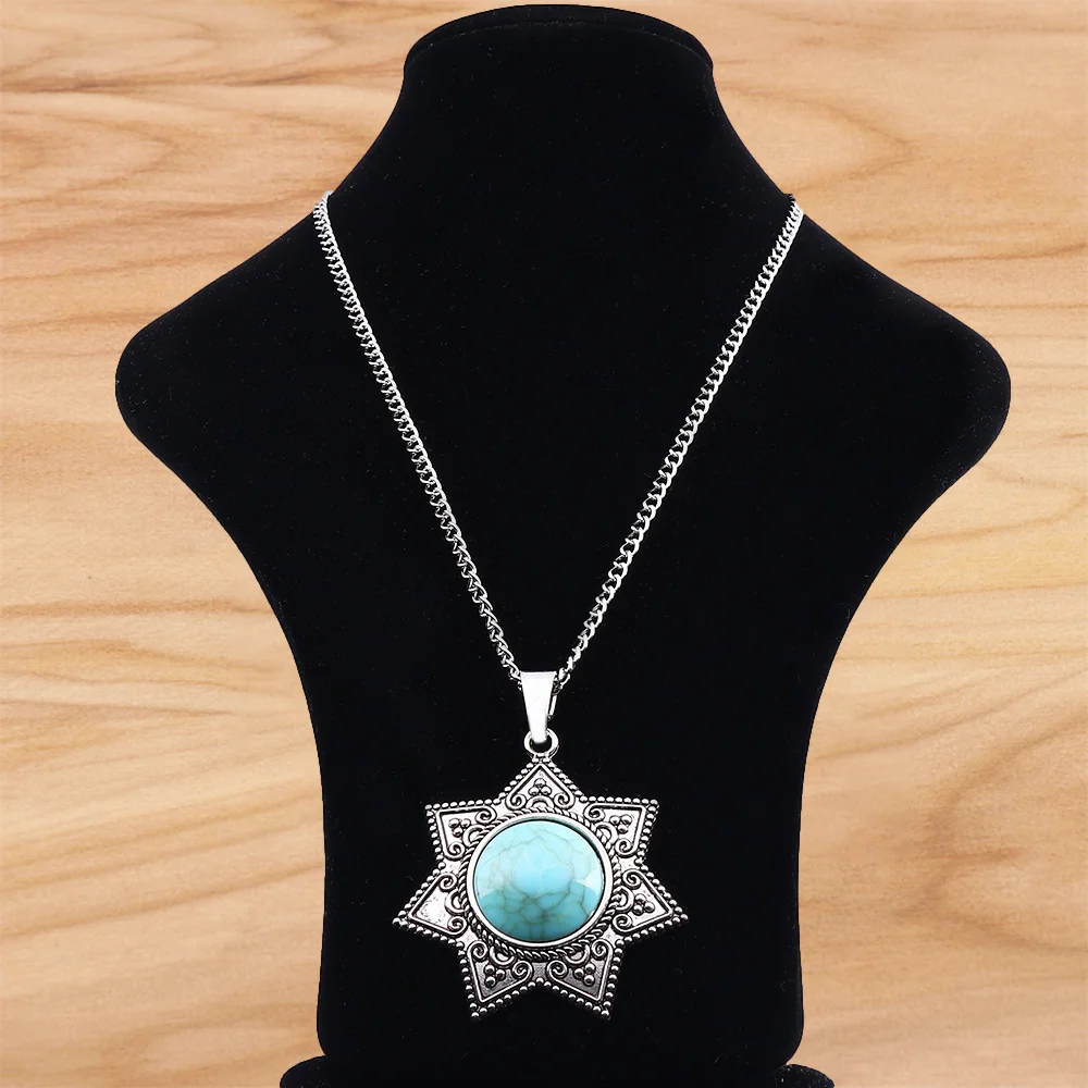 

Tibetan Silver Large Seven Pointed Star Medal with Turquoise Long Chain Necklace Lagenlook 34 Inches for Jewellery Women Gift