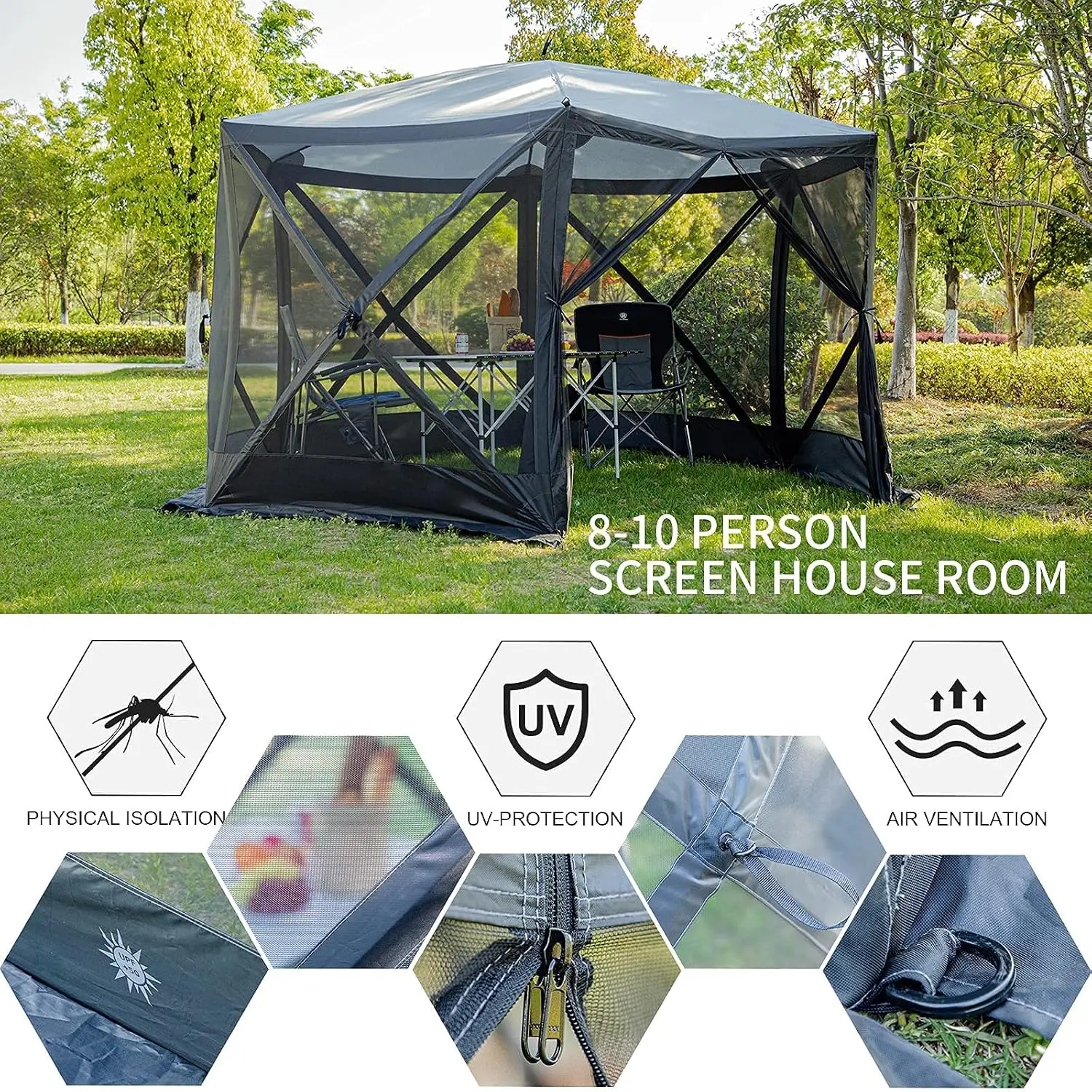 Pop Up Gazebo Screen House Tent for Camping 11.5 ft for 8-10 Person Instant Canopy Shelter with Netting Portable, Customized