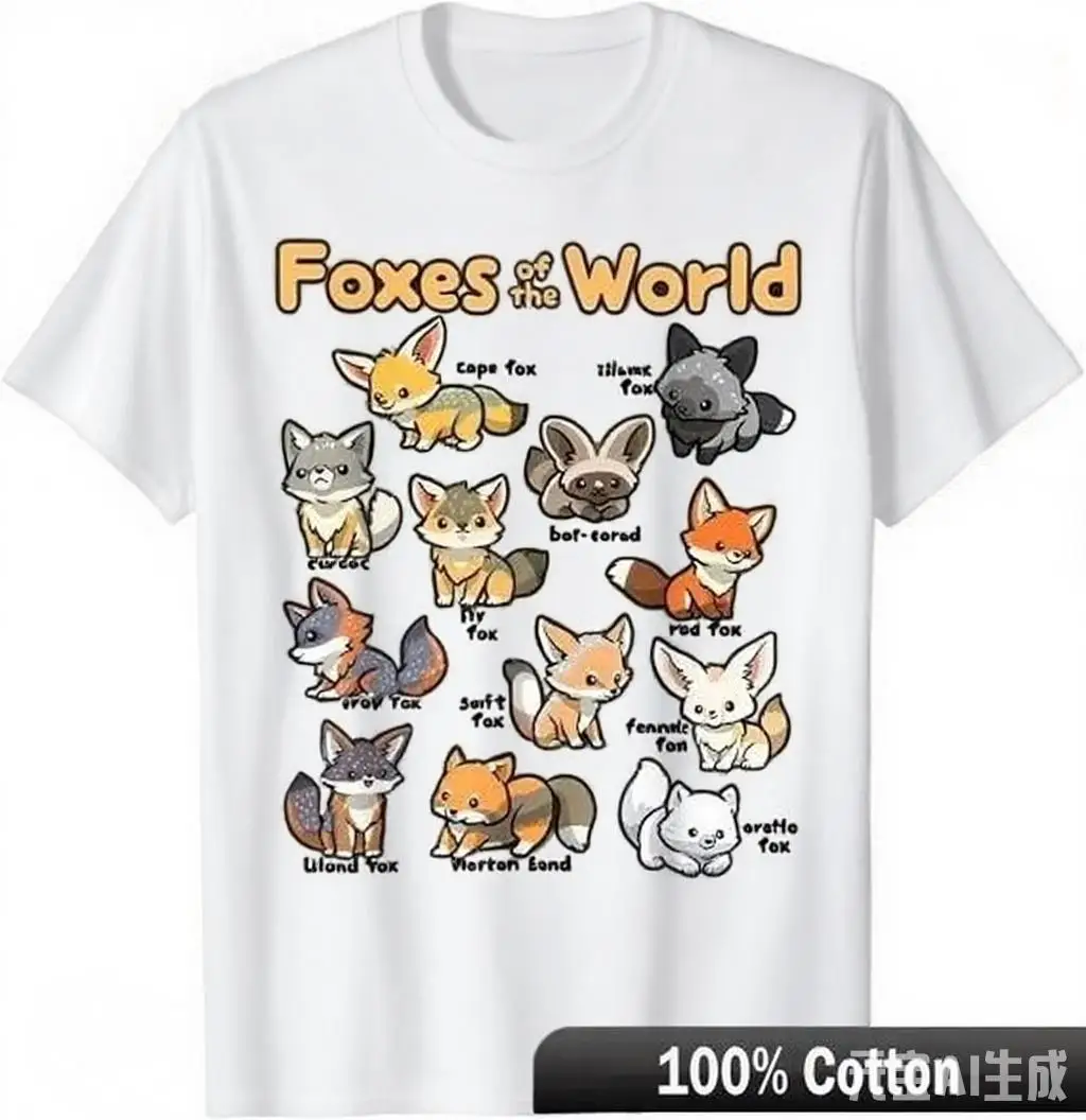 Camiseta Chibi Foxes Animals of The World, diferentes especies de zorro en estilo Chibi, ropa Retro de moda para parejas, manga corta