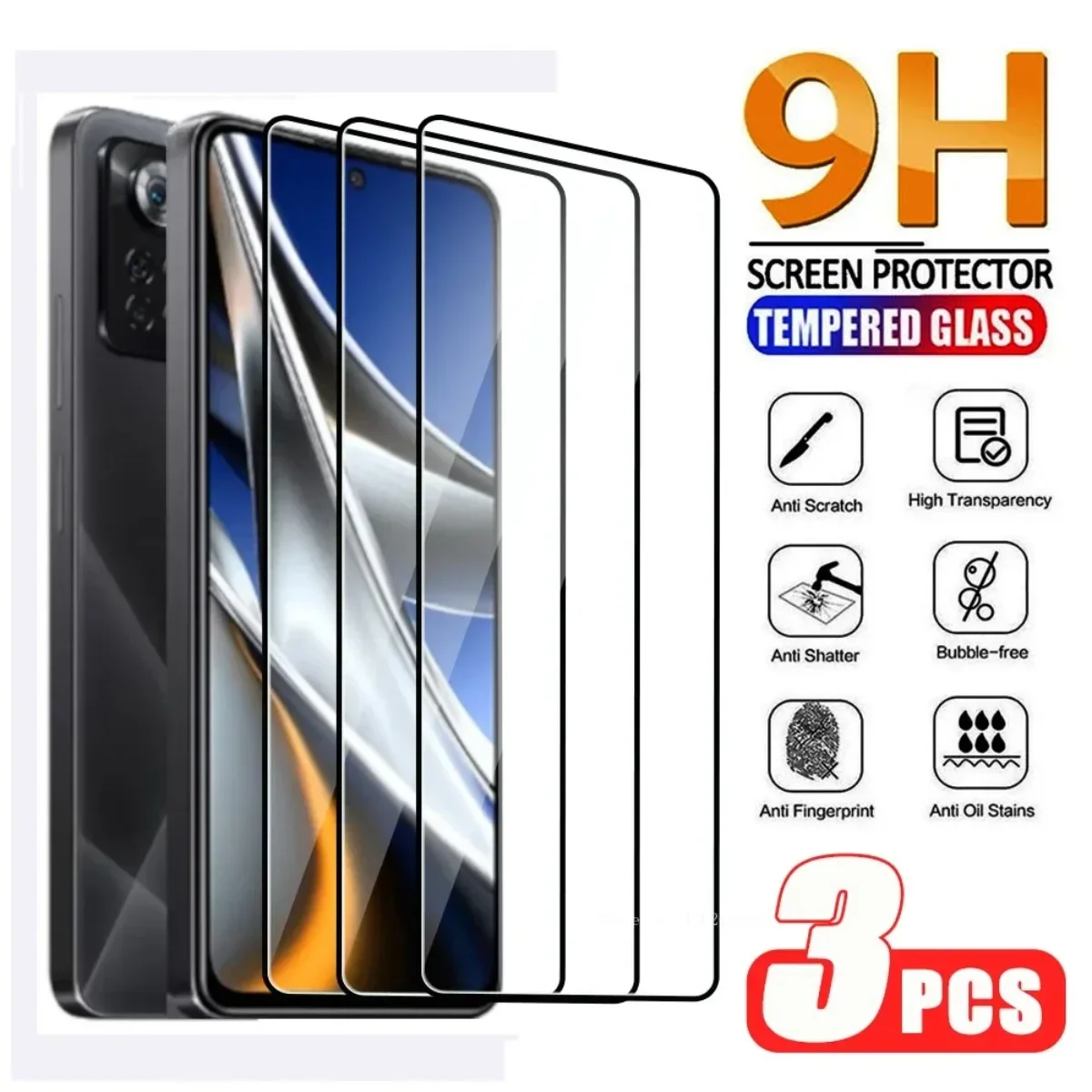 3PCS All Transparent Tempered Glass  for Xiaomi Poco X6 X5 X4 X3 Pro 4G 5G F3 F4 GT F5 M6 Pro M3 M4 M5S X3 NFC Screen Protectors