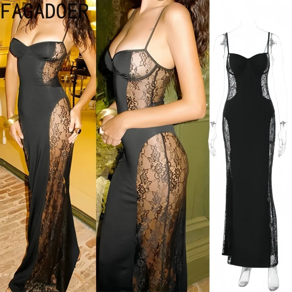 

FAGADOER Sexy Lace Patchwork Bodycon Dresses for Women Spaghetti Strap Sleeveless Backless Dress Female Streetwear Vestidos New