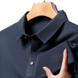 Spring and Autumn New Men's Long Sleeve Polo Shirt Business Casual Slim Fit Stretch Top Fashion Lapel Printed Solid Color Top