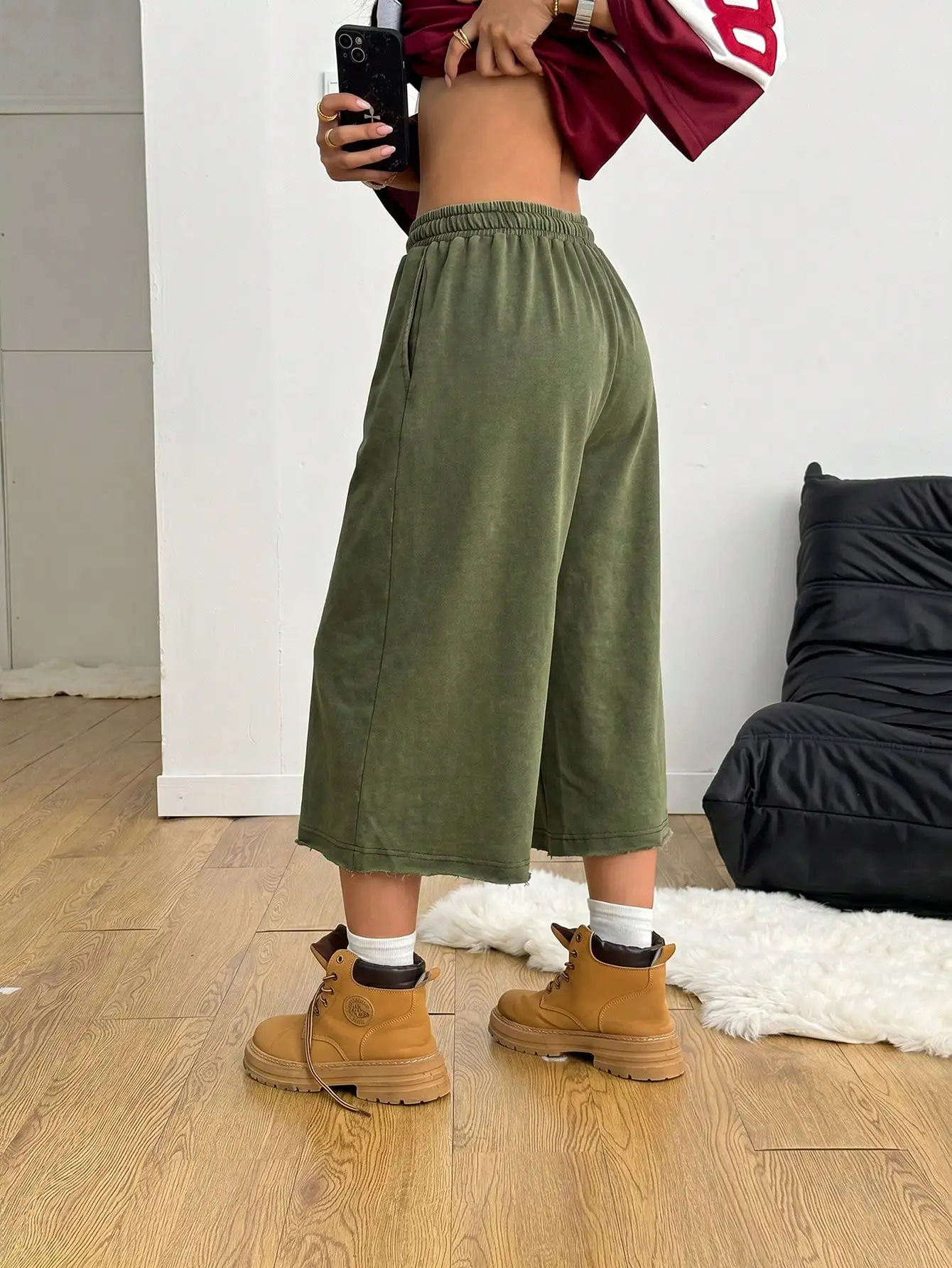 Coolane Women Summer Streetwear Vintage Washed Distressed, Comfortable Denim Effect Green Shorts view 6