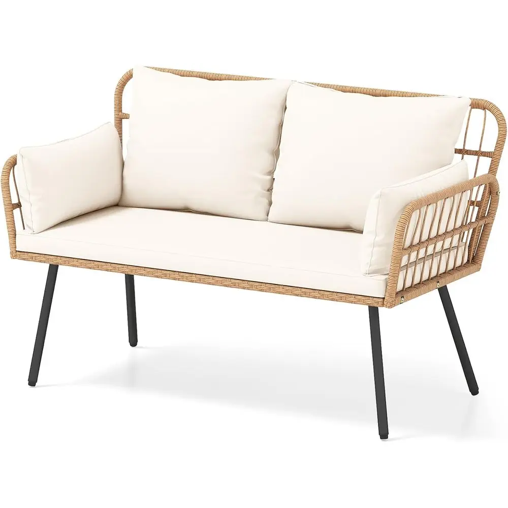 2인용 야외 라탄 러브시트 소파(쿠션, 요추 베개, 금속 다리 포함), 발코니, 현관, 데크에 이상적(오프화이트)