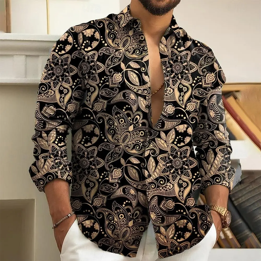 Men's 3D Paisley Floral Pattern Long Sleeve Shirt, Polyester Slim Fit, Street Style Casual Wear,2025 Autumn Winter Trendy Blouse