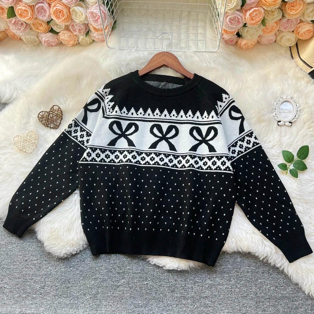 YuooMuoo Ins Fashion Aesthetic Sweaters Women 2025 Autumn Winter Vintage Y2K Bows Jacquard Pullover Korean Lady Knitted Tops