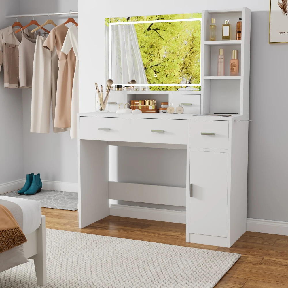 

White Dressing Table with LED 3-Color Illuminated Mirror and Power Outlet, Dressing Table with Drawers, Storage Box, and Shelf