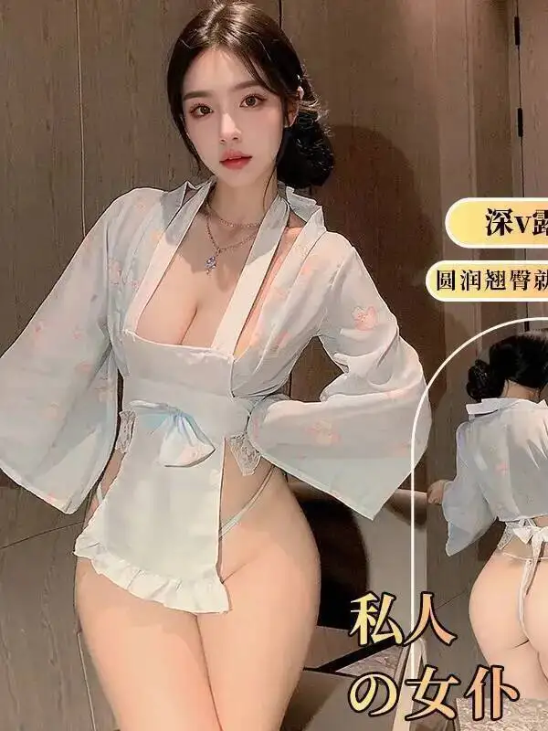 여성을위한 섹시한 달콤한 순수한 욕망 드레스 우아한 하녀 투명한 리본 매듭 긴 소매 레이스 트림 하녀 앞치마 드레스 매력적인 2FB3