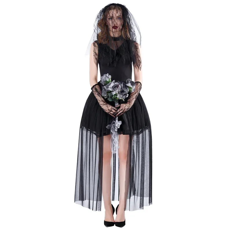 Gothic Dead Zombie Vampire Corpse Ghost Bride Schwarzes Spitzenkleid Damen Halloween Cosplay Kostüm Nightmare Scary Fancy Outfit