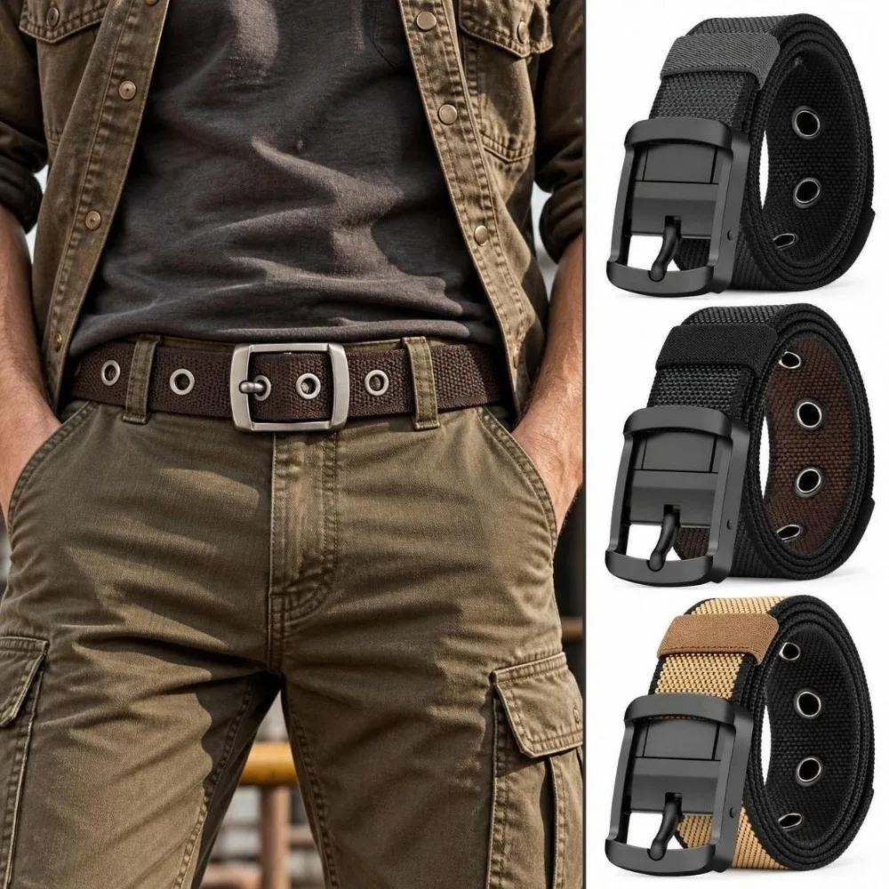 120cm Length Nylon Waist Belt Double Sided Rotatable Pin Buckle Reversible Belt Adjustable Lightweight Casual Trouser Belt