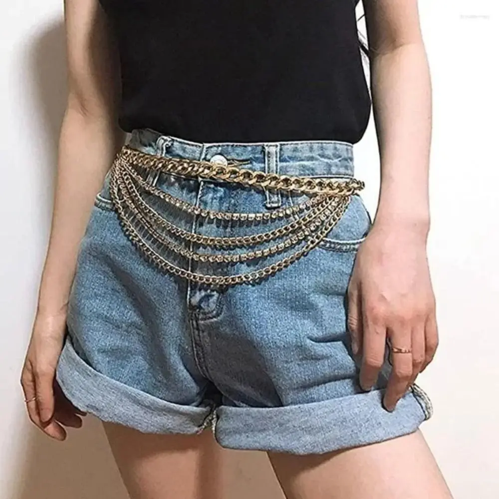 Fashion Metal Waist Chain Multi Layer Design Rhinestone Inlaid Body Chain Punk Style Adjustable Rhinestone Belt Daily Outfit