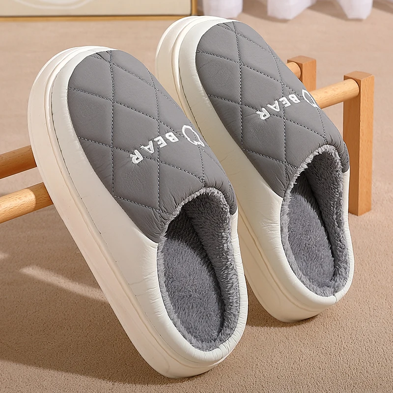 Down Slippers Indoor Sandals Warm Home Shoes Grey Waterproof Soft Thick Sole Fun Furry Women Mens Shoes QYCKABY Pfficial-Website