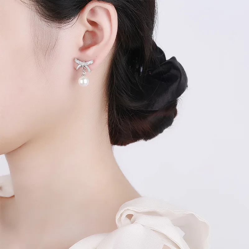 Women's New Fashion Cute Bowknot Drop Earrings Shiny Crystal Pearls Dangle Piercing Wedding Earring Stud Romantic Ear Jewelry image 2