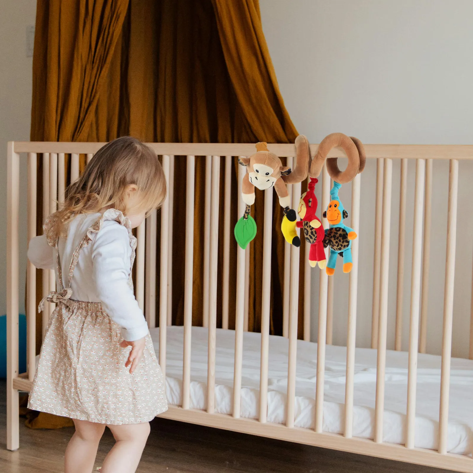 Monkey Design Infant Baby Activity Spiral Bed Stroller 4 Hanging Characters Encourage Reach Pull Squeeze Bright Colors Tactile