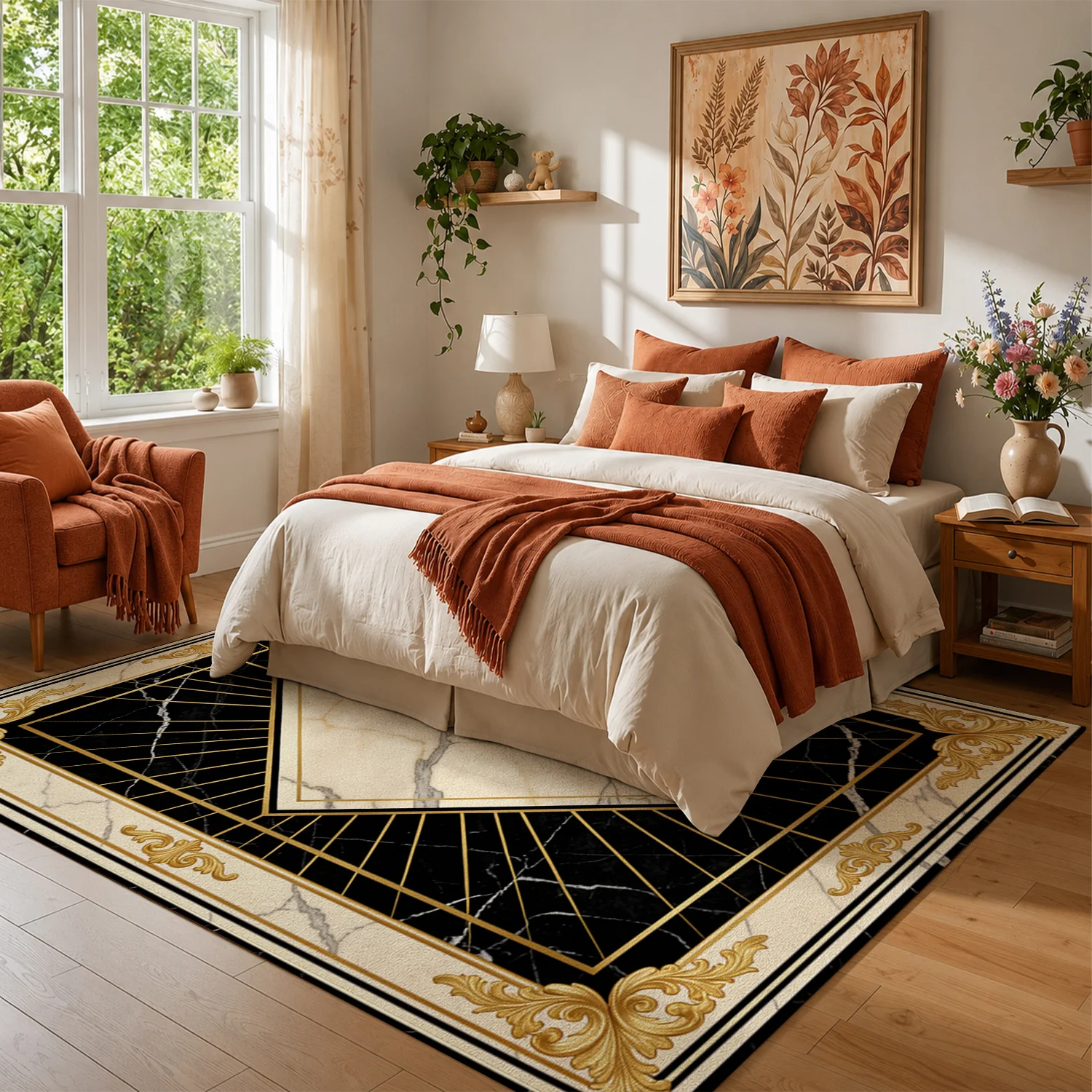 Marble Geometric with Golden Ornate Frames Area Rug Velvet Machine Washable, Suitable for Living Room Bedroom Dining Room, Ideal for Halloween Thanksgiving Christmas Black Friday Cyber Monday New Year Home Decor