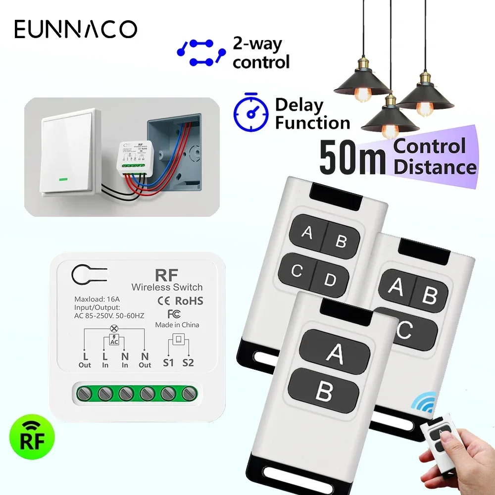 Remote Control 433Mhz Wireless Light Switch  AC110V 220V 230V 240V 16A 3000W Mini Relay Receiver Timing Control for Lamp Led Fan