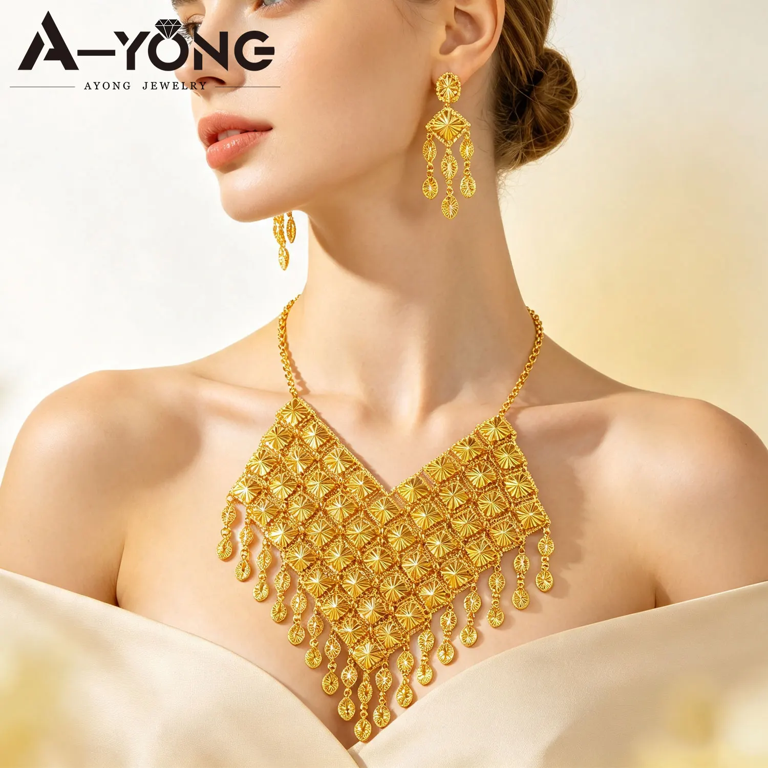 Ethiopian Bridal Wedding Jewelry Set African Luxury Gold Color Necklace Earrings Nigeria Women Event Party Jewelrys Gifts