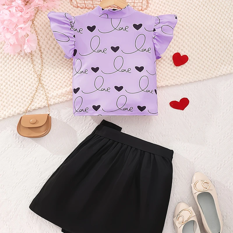Two Piece Summer Girls Cool And Cute Love Printed Tight Short Sleeved Skirt Daily Casual Princess Birthday Party Costume Set