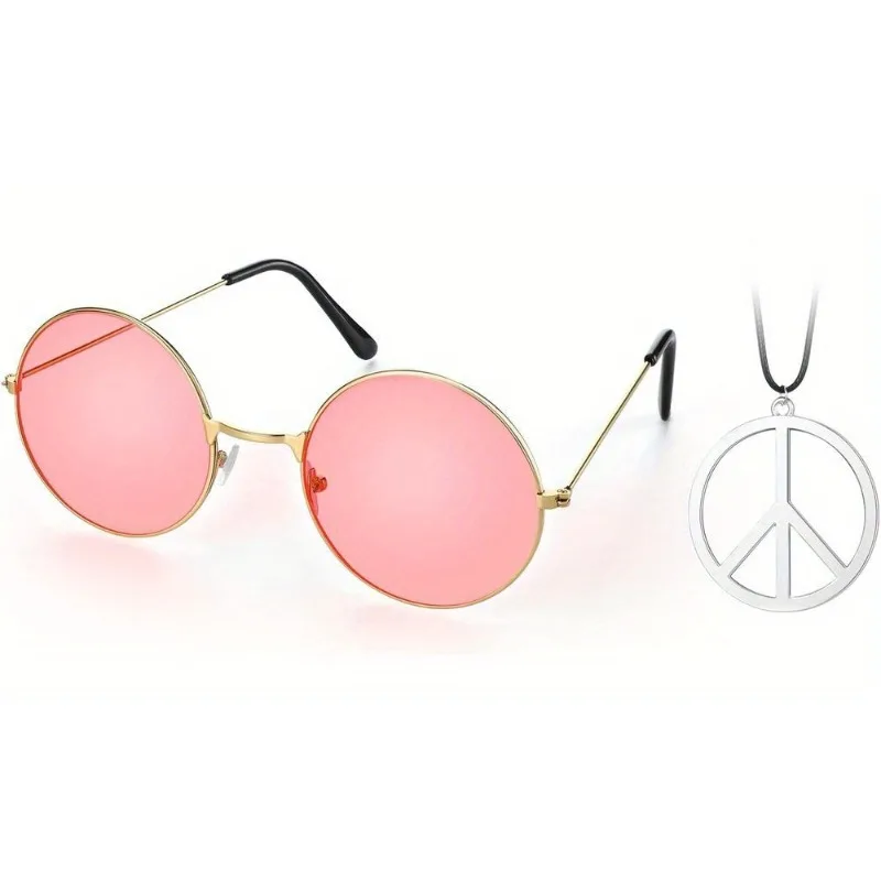 Hippie Costume Set 60's Style Circle Glasses Peace Sign Necklace Daisy Sunflower Headbands  Dressing Accessory Hippie Party