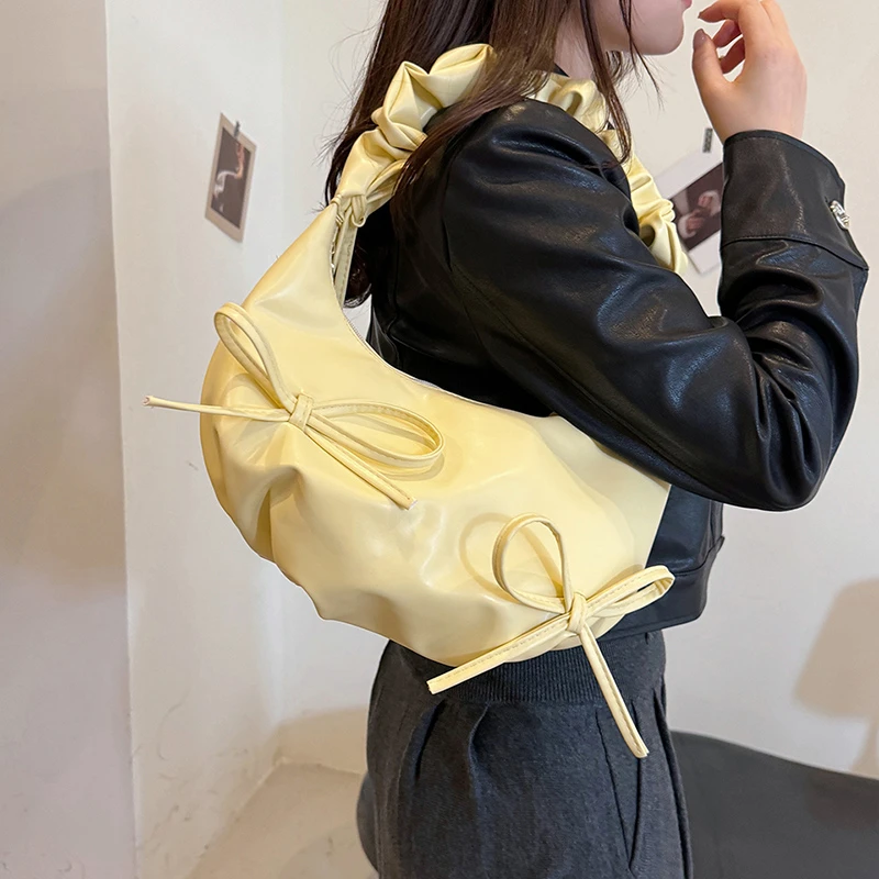 Solid Large Capacity Shoulder Bags Interior Compartment High Quality Bags for Women Fashion pu bow Hobos Women's Handbags