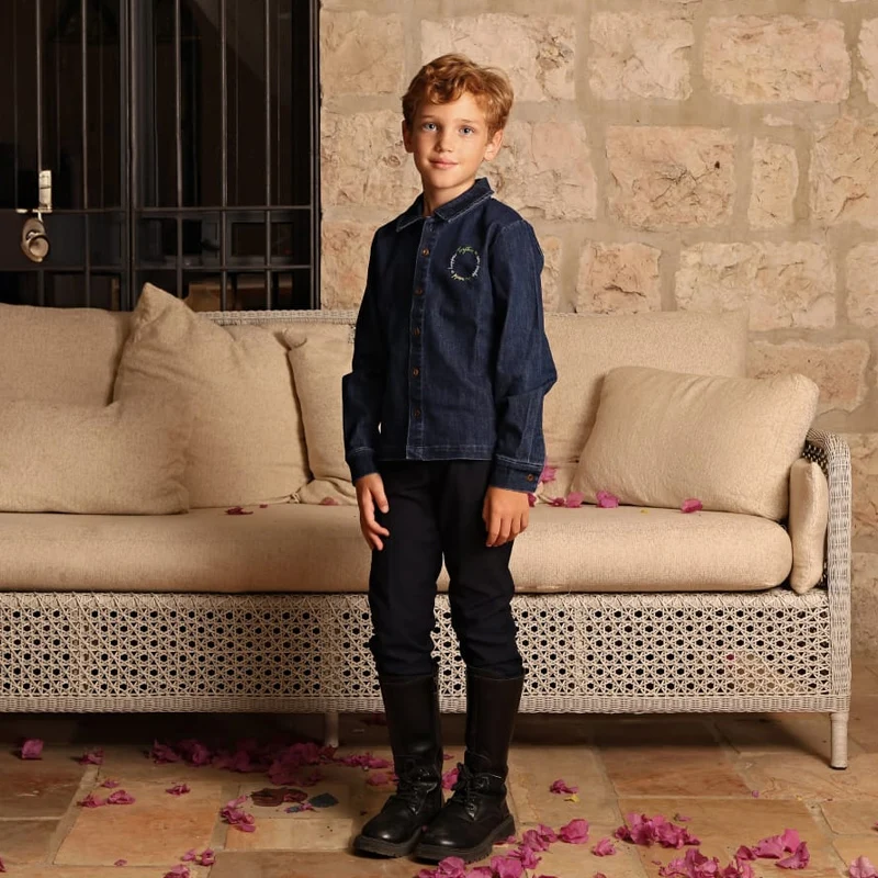 Denim Blue Family Set Girls Dress Boy Casual Shirt Baby Rompers Family Sbling Set Long Sleeves Children Clothes Logo Embroidery