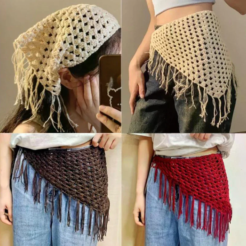 Fashion Hollowing Out Triangle Headscarf Ethnic Style Turban Hair Scraf Multifunctional Bohemian Tassel Hip Apron Waist Band
