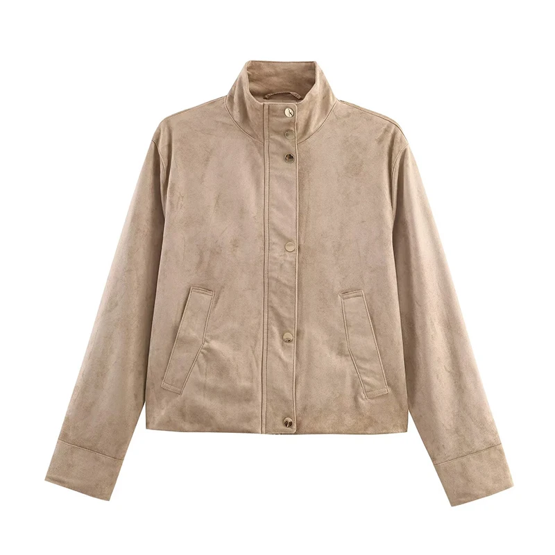 

YENKYE New Women Fashion High Neck Long Sleeve Faux Suede Jacket Casual Autumn Short Coat Female Streetwear