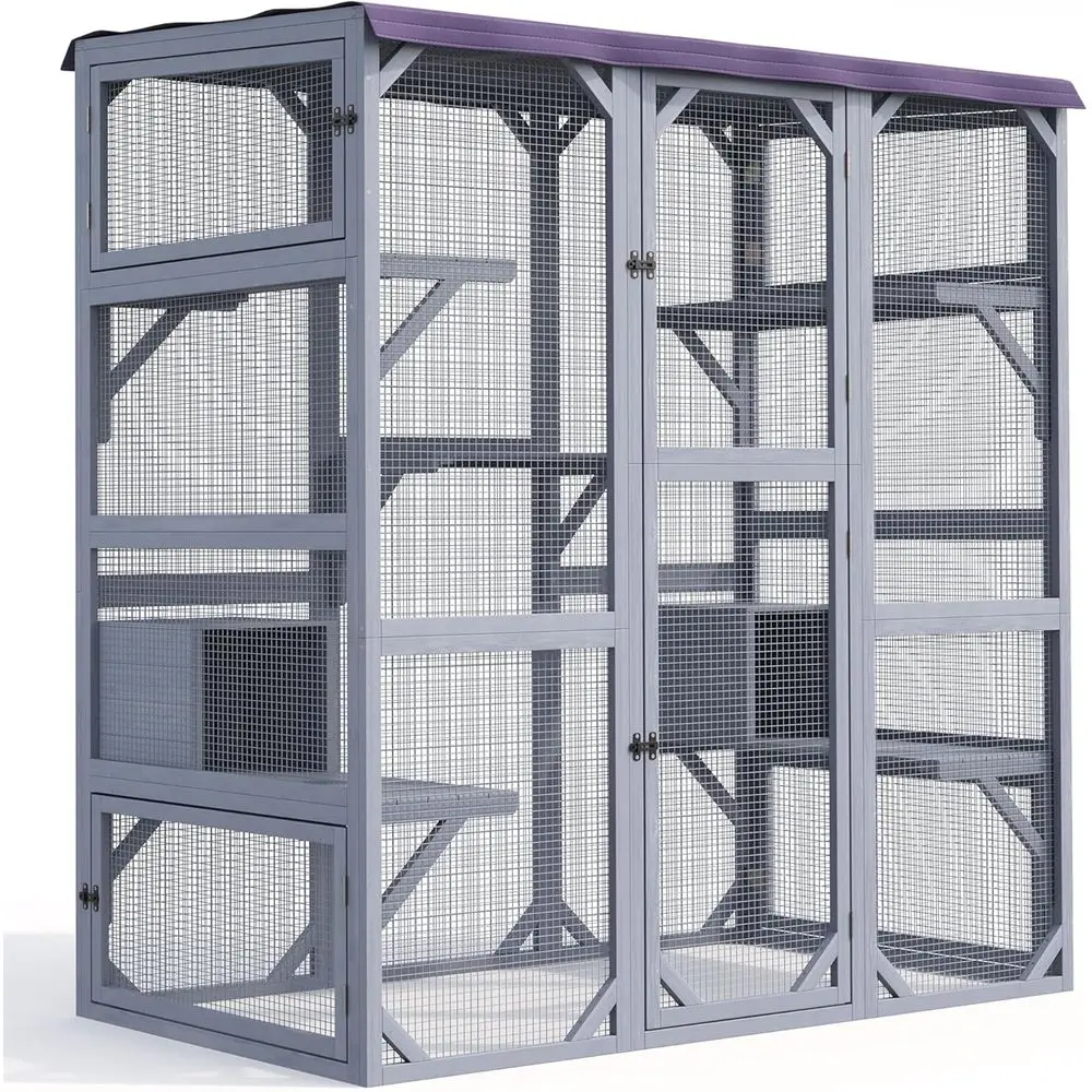 

70 Inch Spacious Walk-in Catio for Multiple Cats, Weatherproof Outdoor Cat House with Tarp Roof, Grey