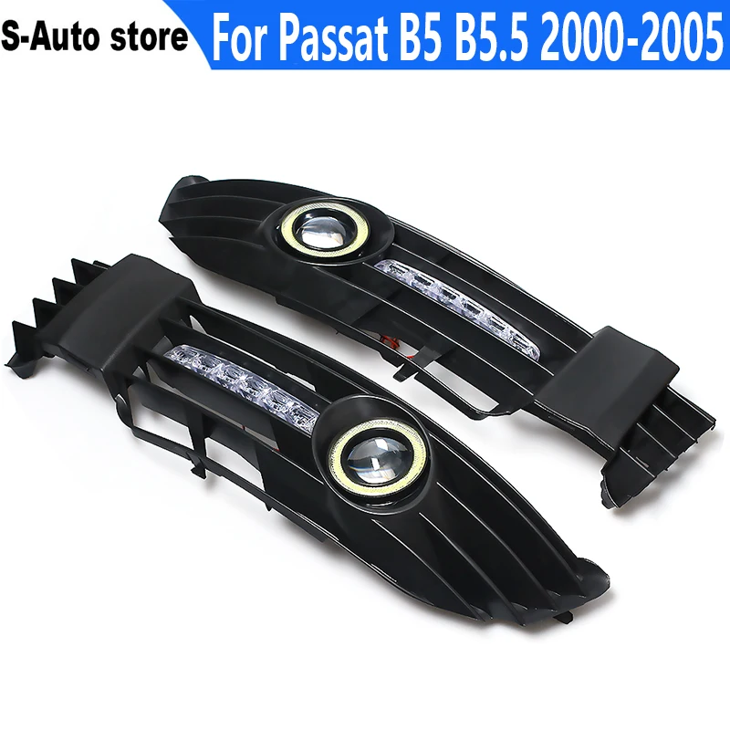 For VW Passat B5 B5.5 2000-2005 1 pair Angel Eye Daytime Running Light Car Front Fog Lights Grille With LED Light Lamp