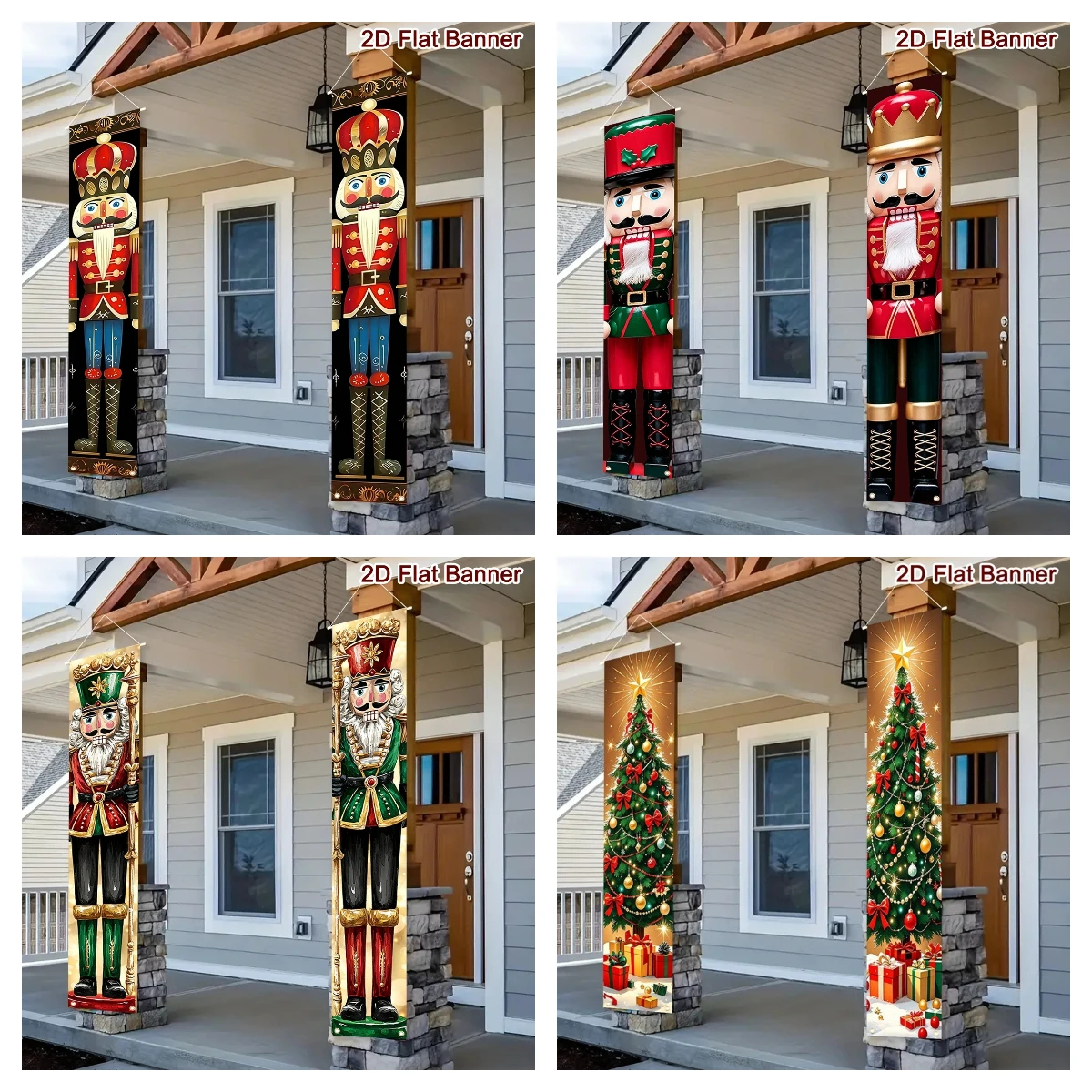 2 Stück Weihnachts-Türbanner mit Nussknacker-Soldaten- und Weihnachtsbaum-Design aus Polyester für Weihnachtsdekorationen auf der Veranda und im Garten.