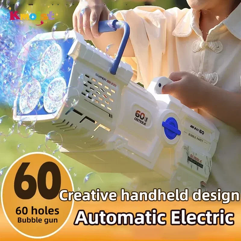 Pistola de burbujas de 60 agujeros, luz LED, cohete eléctrico automático, máquina de burbujas de jabón, juguetes para niños, fiesta de boda al aire libre, regalos para niños