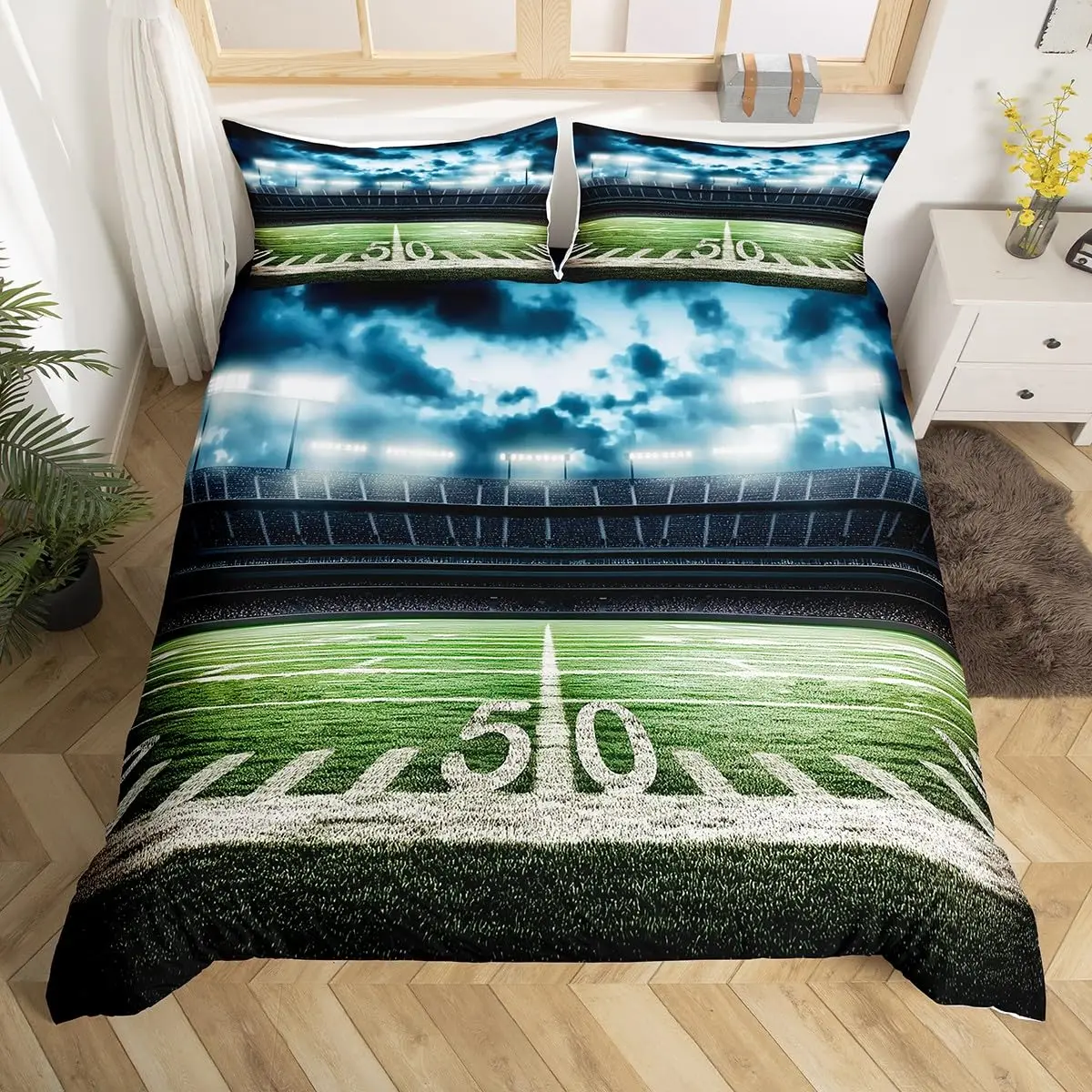 Soccer Field Duvet Cover Twin Queen Size, Ball Sports Bedding Set Football Field Geometric Comforter Cover For Child Room Decor