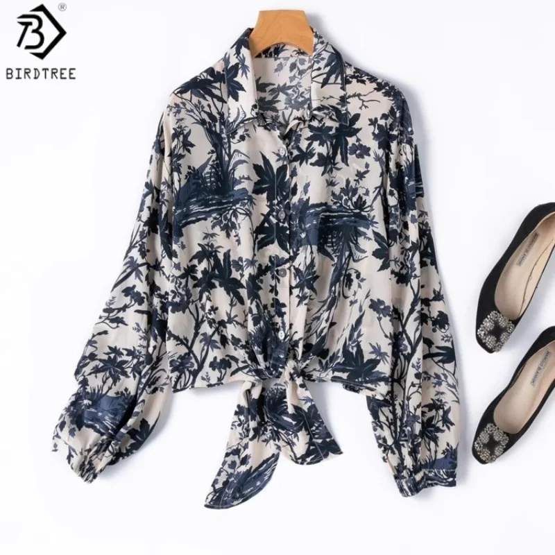 

Birdtree 100% Silk Printing Shirt,Women Double Crepe Long Sleeve Vacation Style Strap Ties Blouse Tops,2025 NewT57341JF