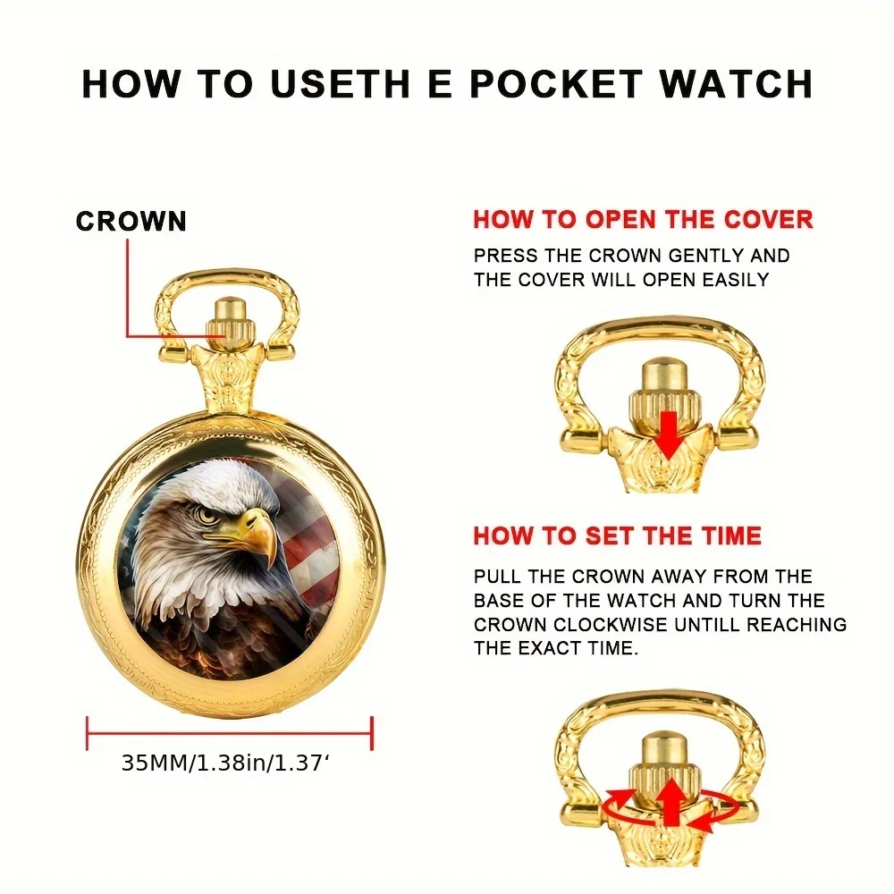 Luxury Bald Eagle Pocket Watch Animal Vintage Gold & Bronze Cool Exquisite Clock With Necklace Chain Men Children Best Gift