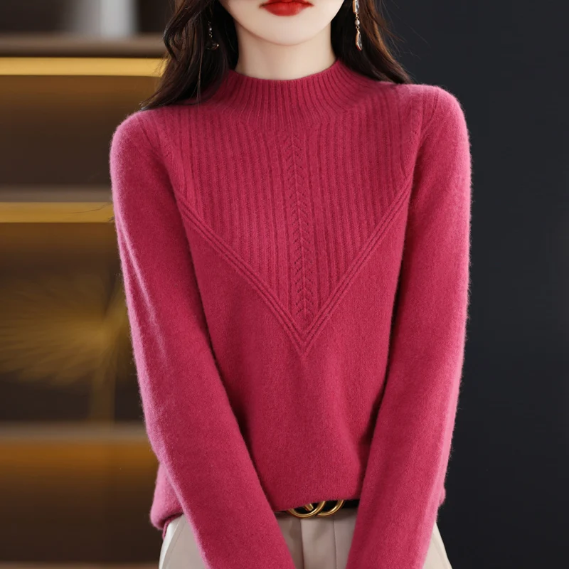 Autumn Winter Fashion Pure Wool Knit Sweater Women Pullover Long Sleeve Half High Collar Warm Triangle Hollow Chic Cashmere Top