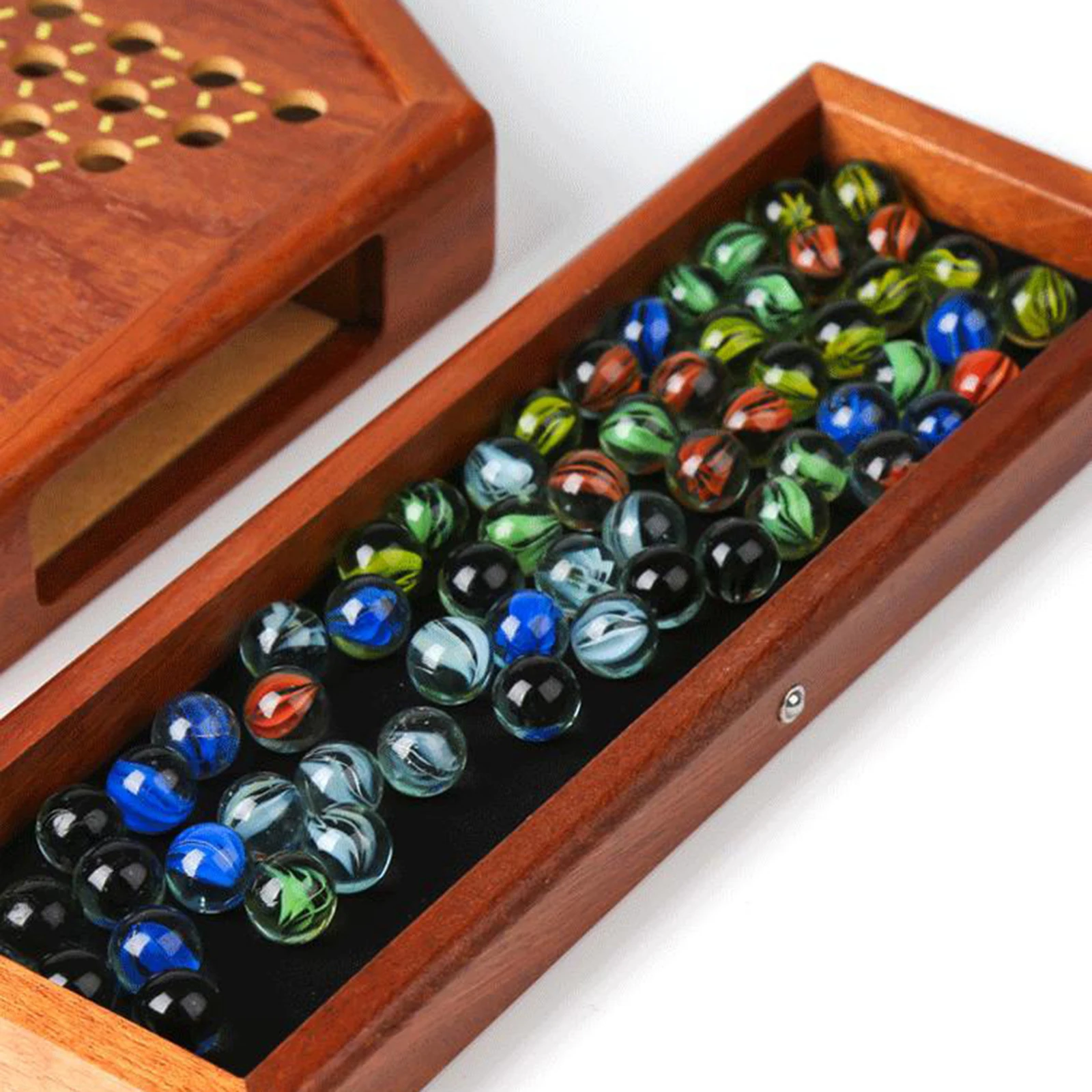 Classic Wooden Board Game Chinese Checkers Fine Chessboard 6 Color Glass Marbles Fun Multiplayer Set