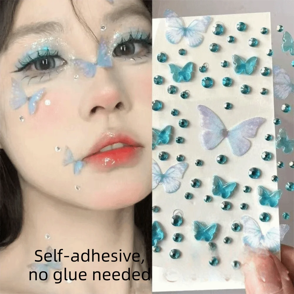Self-adhesive Butterfly Face Stickers Resin Rhinestone Butterfly Decals Elf Butterfly Pink Green Rhinestone Stickers