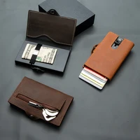 Carteras CASEKEY para hombre, tarjetero emergente de cuero de vaca auténtico, tarjetero de negocios con bloqueo RFID, billetera delgada inteligente de fibra de carbono con bolsillo